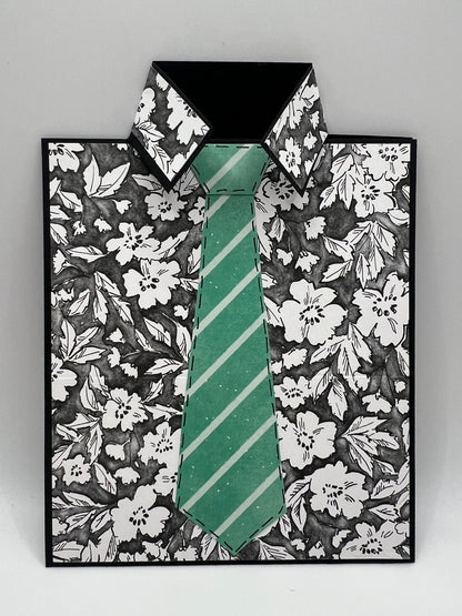 Black floral shirt and green tie Father's Day card front