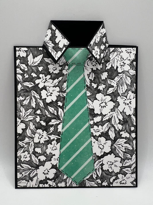 Black floral shirt and green tie Father's Day card front