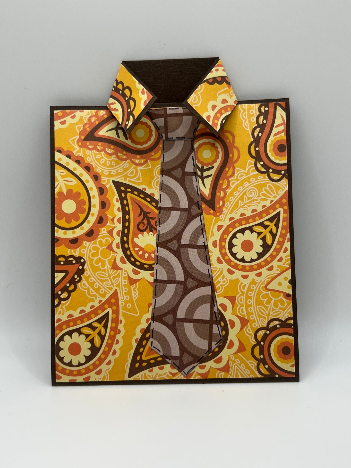 Yellow paisley shirt and brown tie Father's Day card front