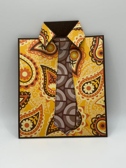 Yellow paisley shirt and brown tie Father's Day card front