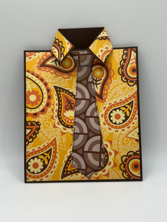 Yellow paisley shirt and brown tie Father's Day card front