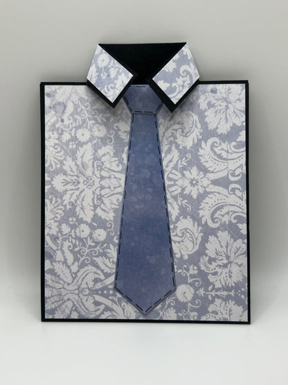Silver floral shirt and grey-blue tie Father's Day card front
