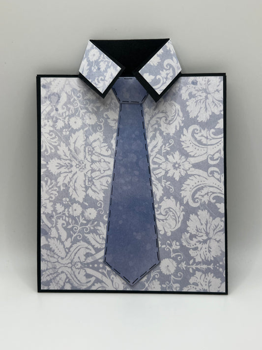 Silver floral shirt and grey-blue tie Father's Day card front