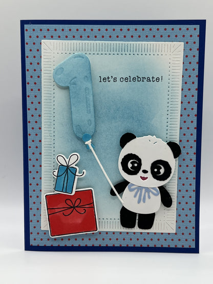 Panda 1st Birthday Card | Blue Balloon | Let's Celebrate