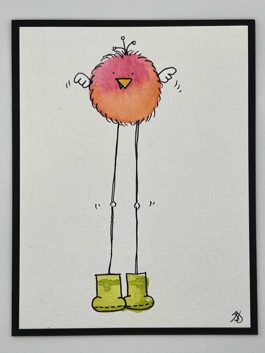 Watercolour Whimsy Card — Peach Bird in Boots