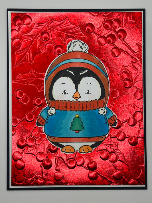 Penguin in Winter Sweater Christmas Card – Red Foil