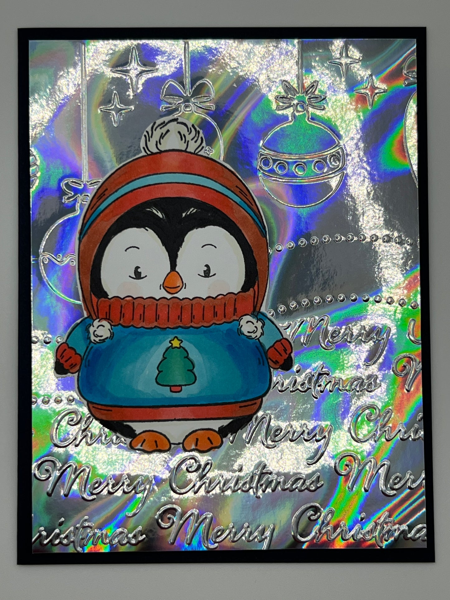 Penguin in Winter Sweater Christmas Card – Silver Holographic