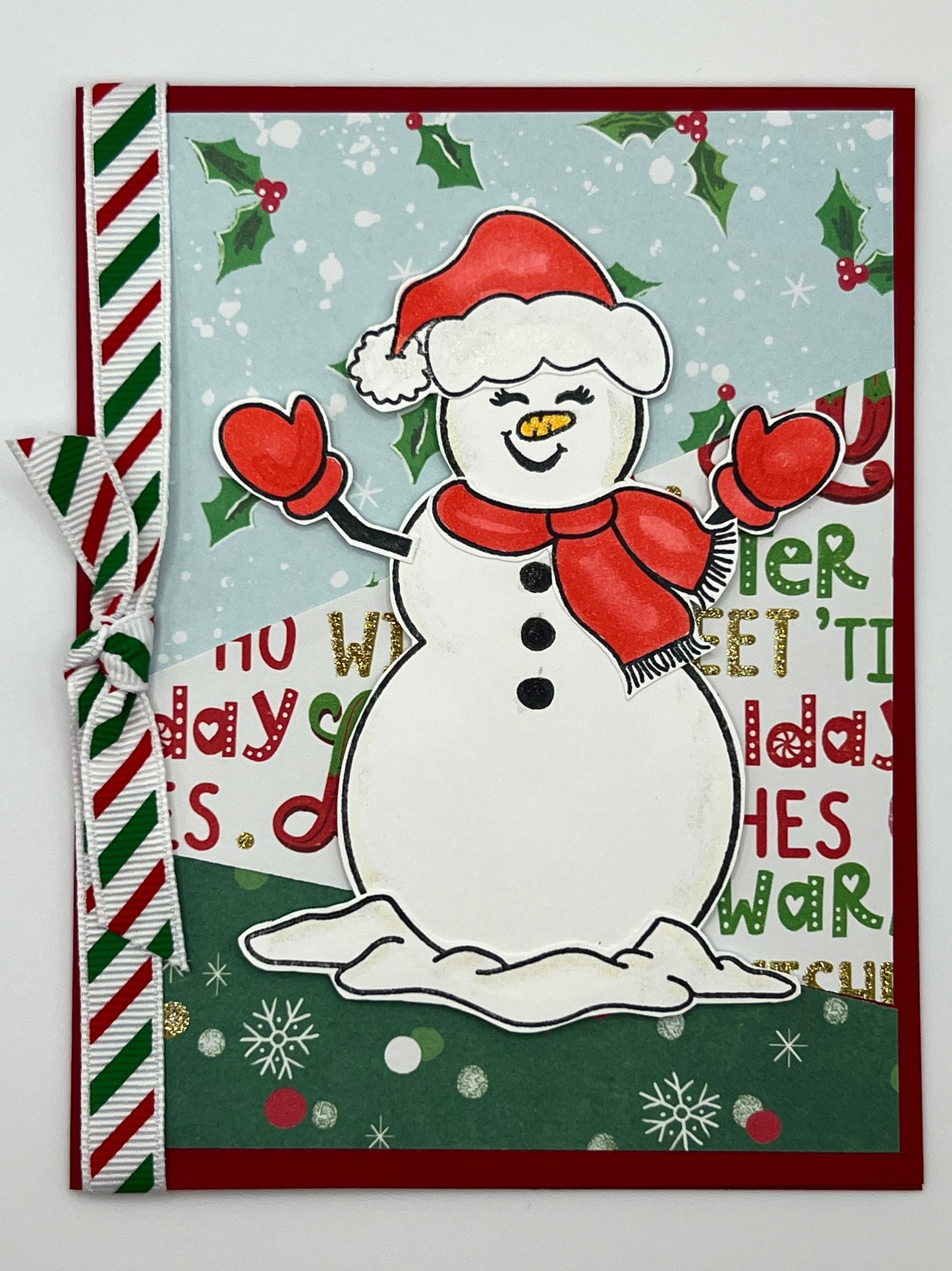 Snowman with Candy Cane Ribbon Christmas Card
