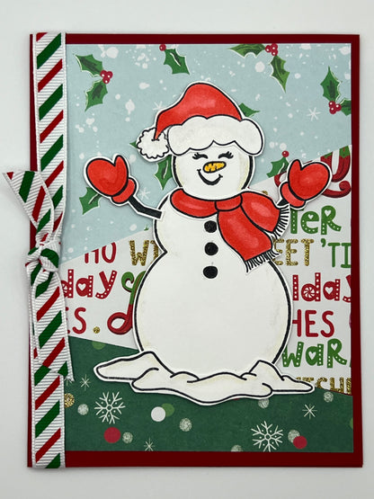 Snowman with Candy Cane Ribbon Christmas Card