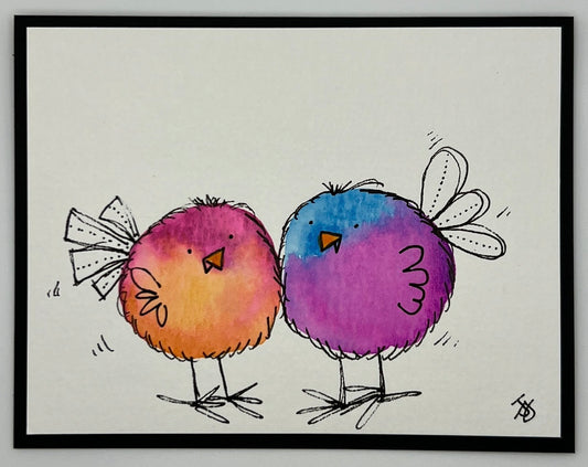 Watercolour card of two fluffy birds, one orange-pink and one blue-purple