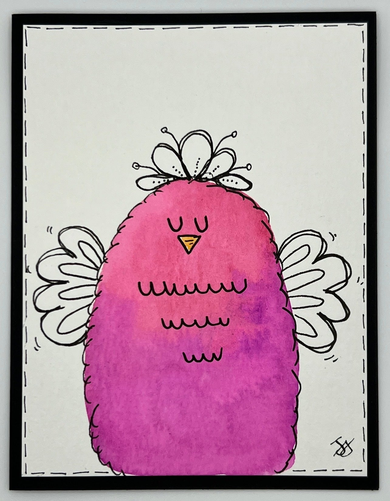 Watercolour card of a pink bird with a flower crown and lacy wings
