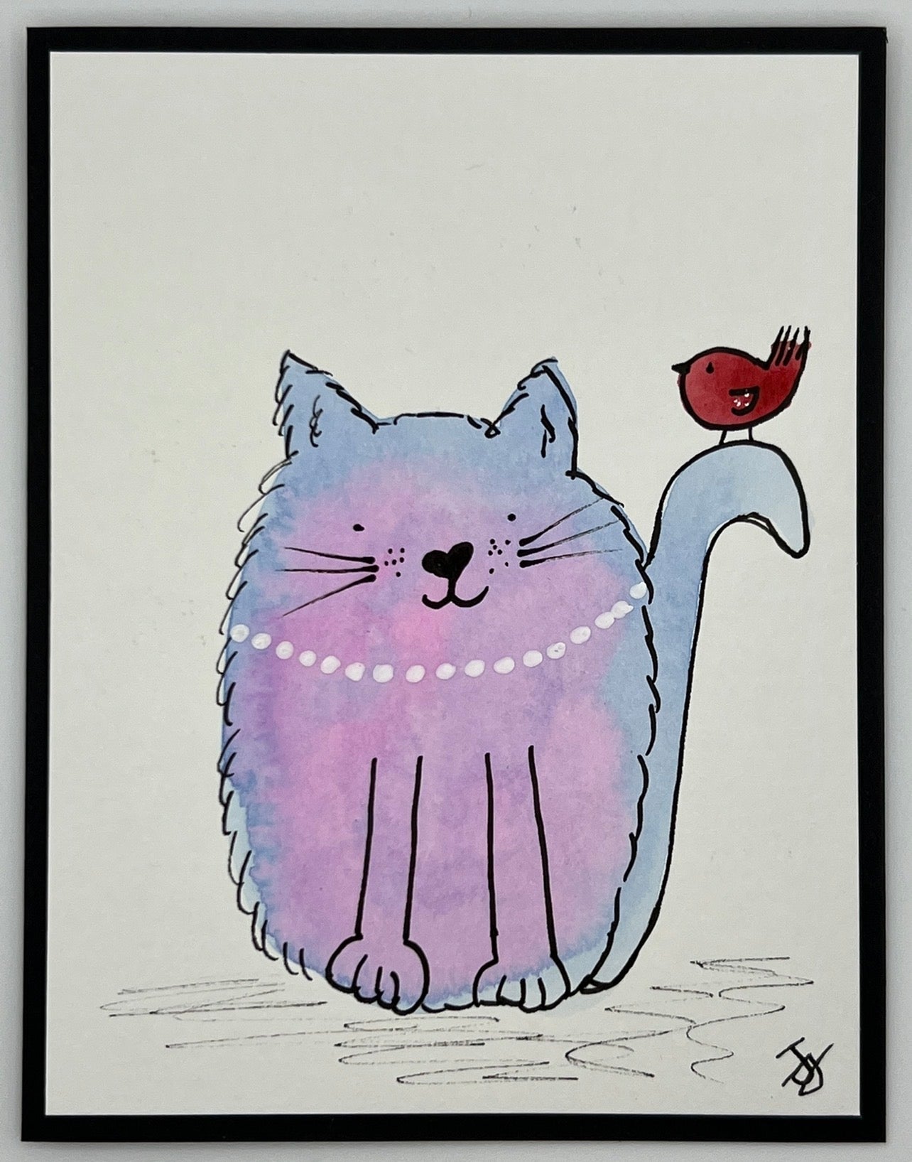 Watercolour card of a lilac cat wearing pearls with a red bird on its tail