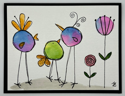 Watercolour card of long-legged birds with a rose and tulip