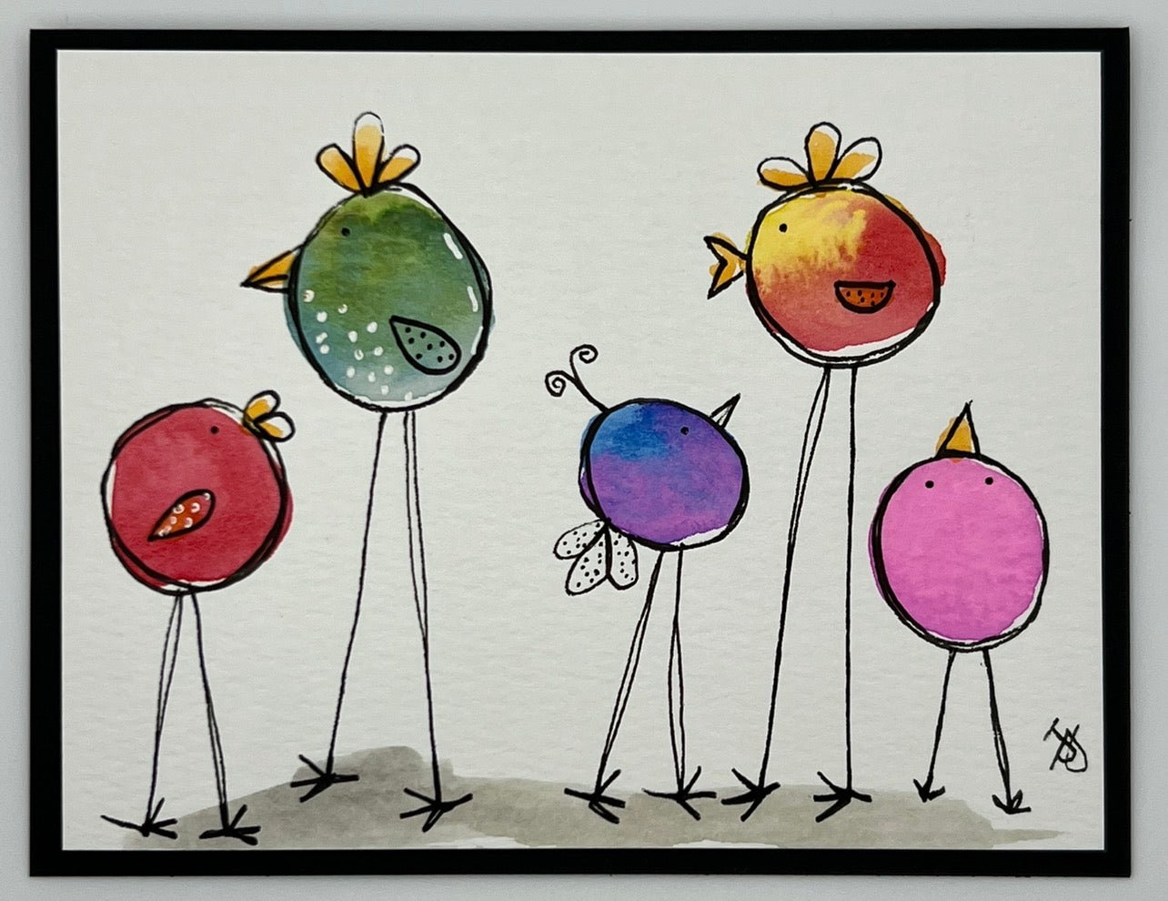 Watercolour card of five colourful long-legged birds