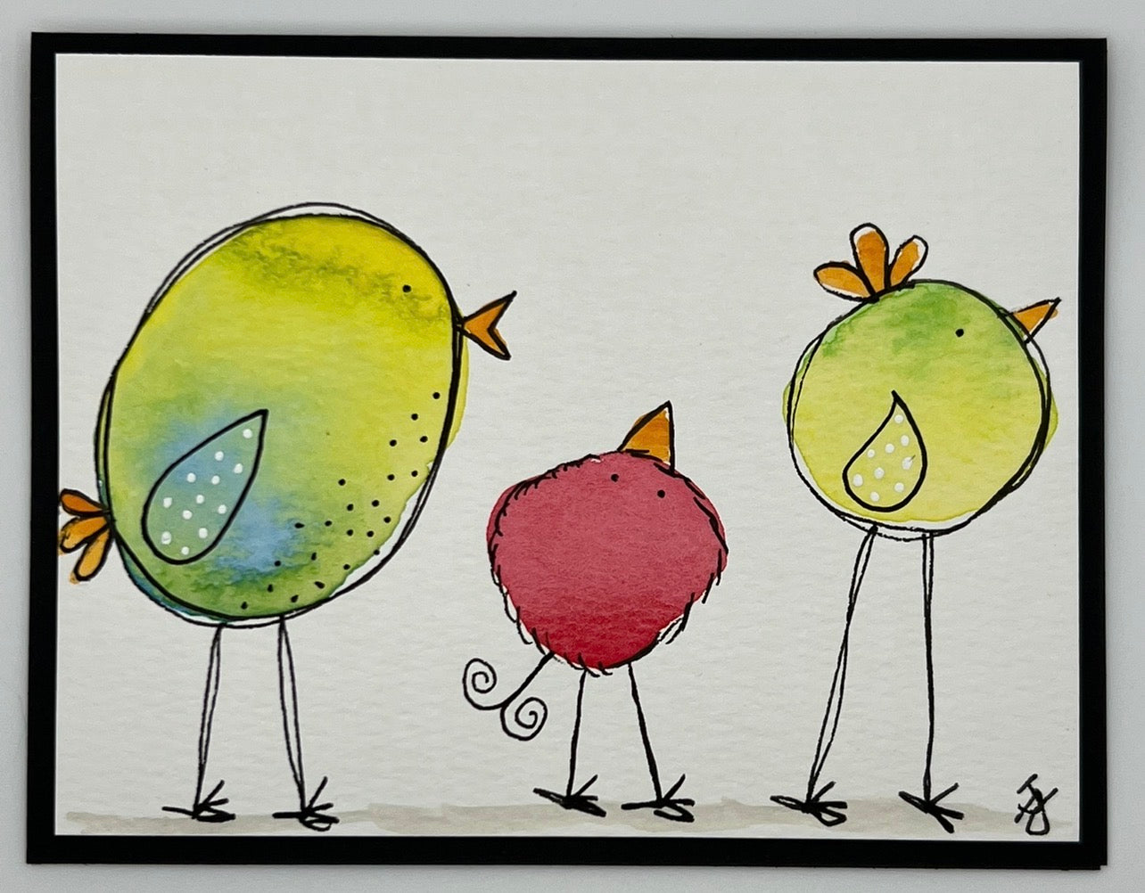 Watercolour card of three round birds, large and small