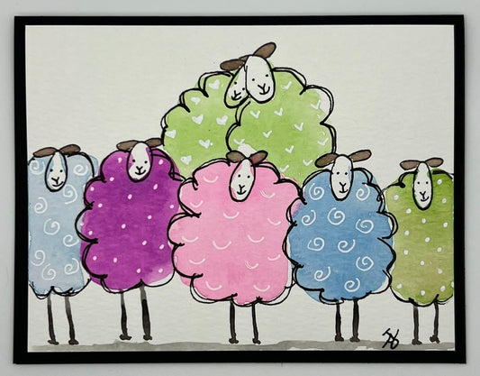 Watercolour card of a flock of sheep in pastel spring colours