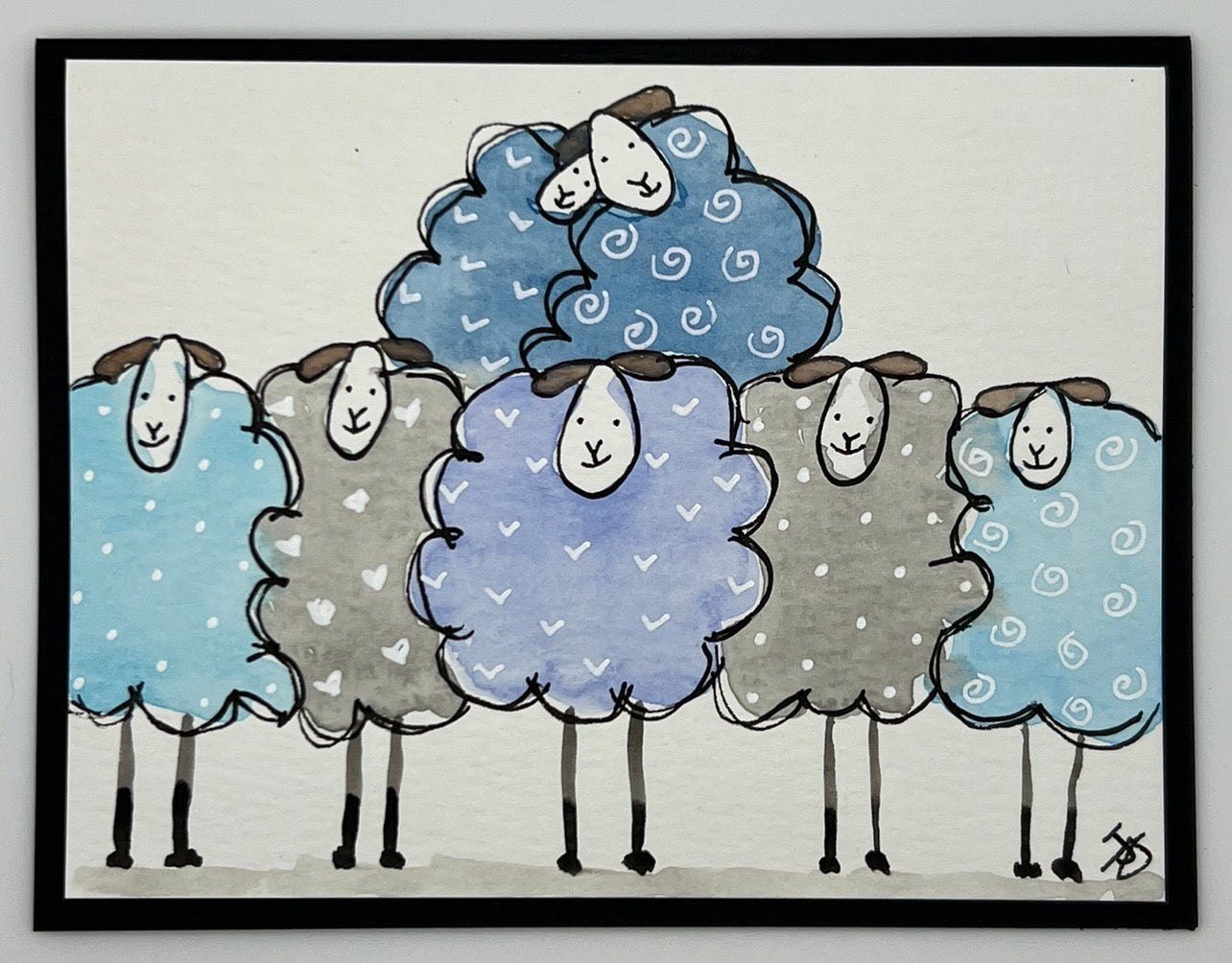 Watercolour card of a flock of sheep in cool blues and greys