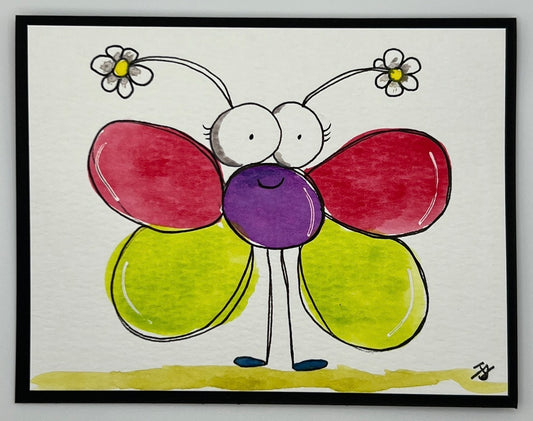 Watercolour card of a wide-eyed butterfly with flower antennae