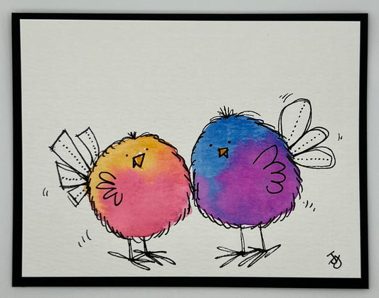 Watercolour card of two fluffy chicks on a white background